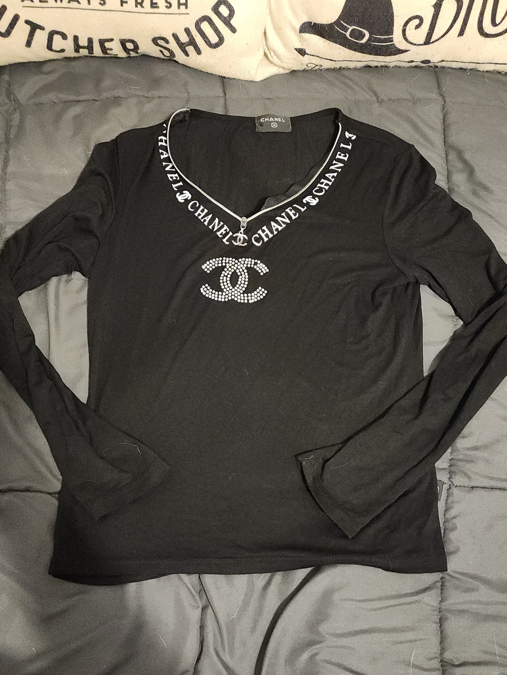 Coco CHANEL Black Long Sleeve Logo Jewel Tee - So Cute! 🥰